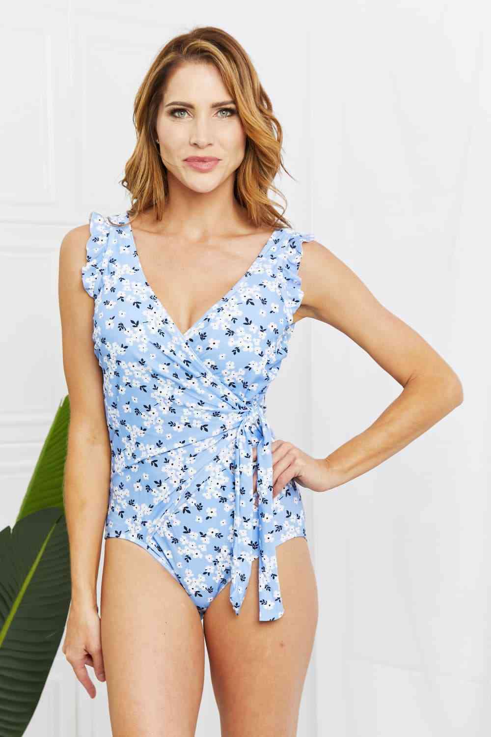 Float On Ruffle Faux Wrap One-Piece in Blossom Blue