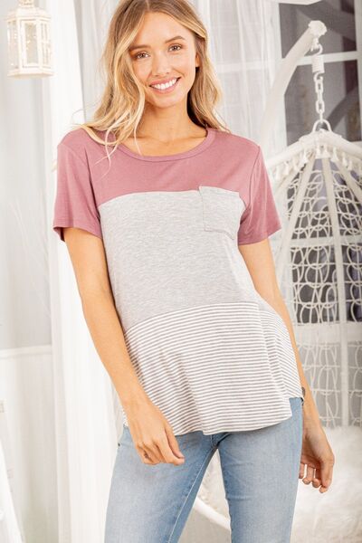 Color Block Striped Round Neck Short Sleeve T-Shirt